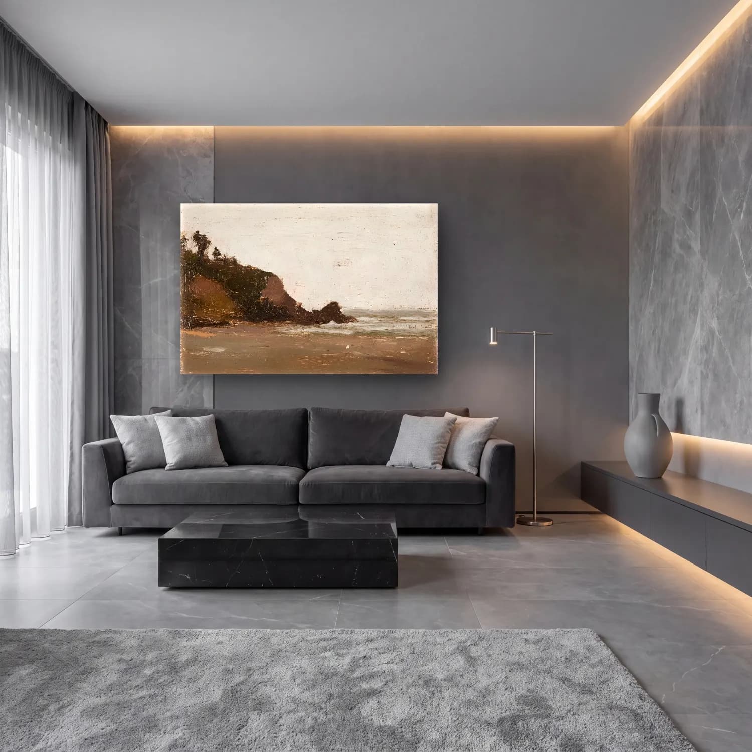Yağlı Boya Dalgalı Sahil cam tablo — lüks salon duvarında