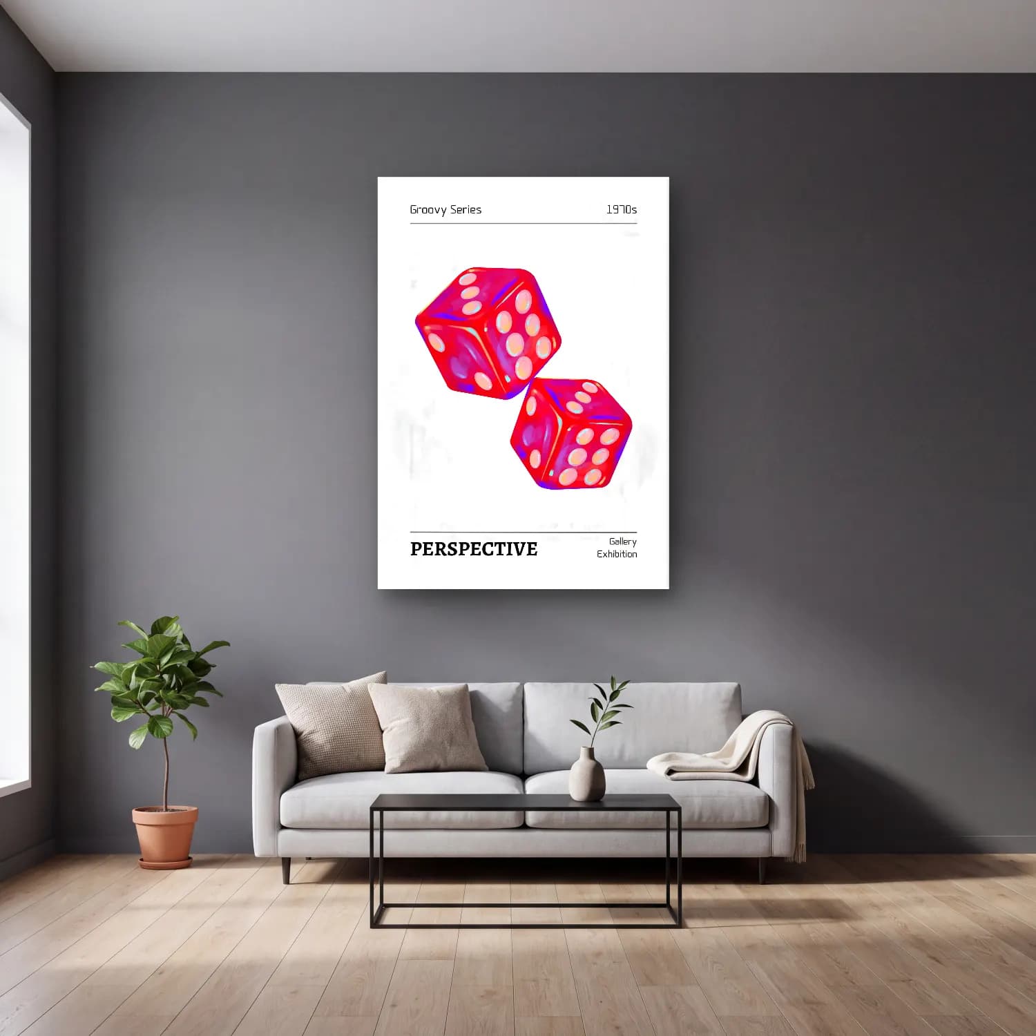 RETRO - TRENDY – Dama Deseni No. 12 cam tablo — gri duvarlı salonda