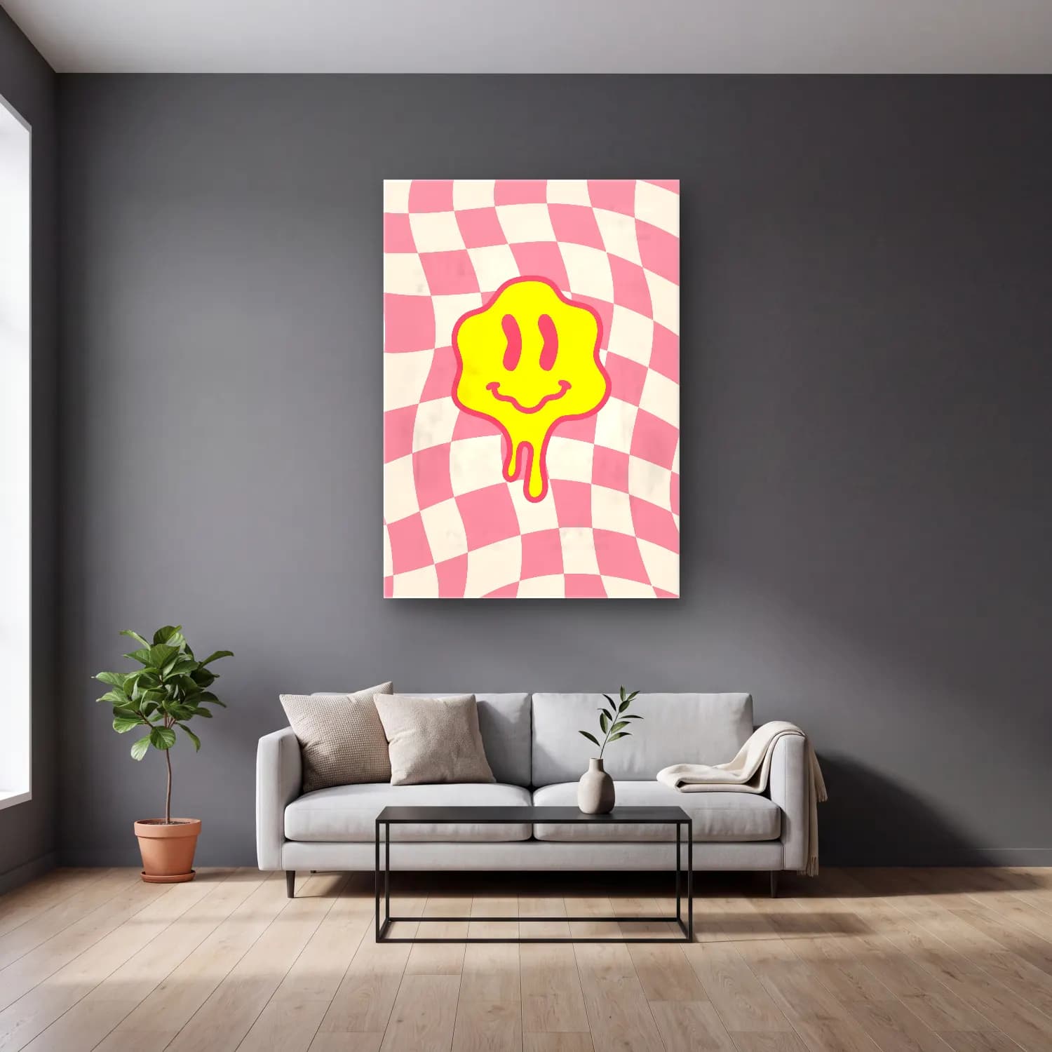 RETRO - TRENDY – Dama Deseni – Sarı Tonlar cam tablo — gri duvarlı salonda