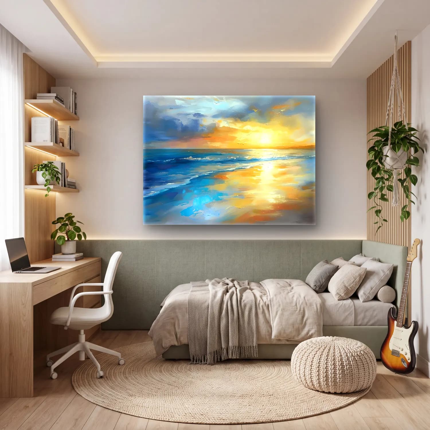 Yağlı Boya Gün Batımı Gökyüzü – Pastel Tonlar cam tablo — genç odasında