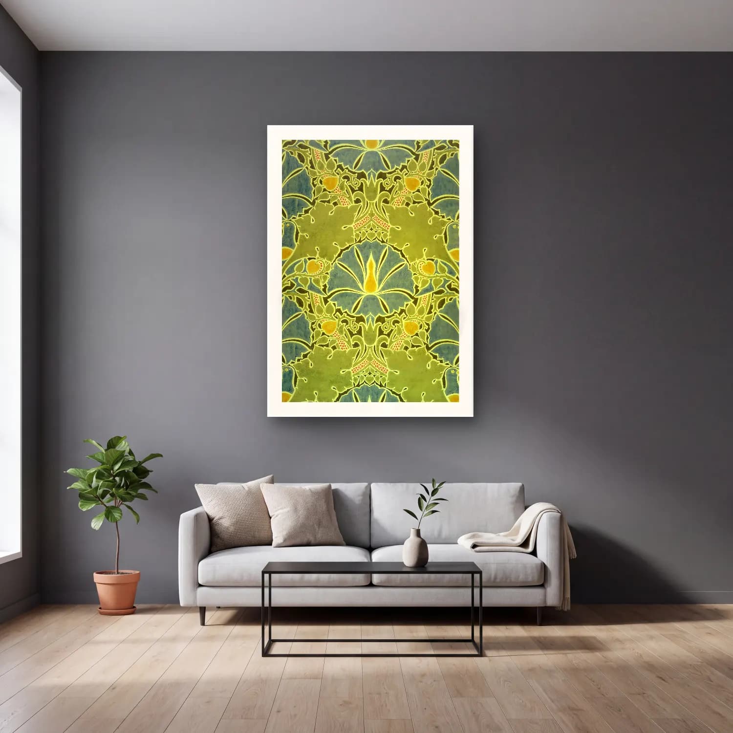 Pastel Çiçek Deseni No. 2 cam tablo — gri duvarlı salonda