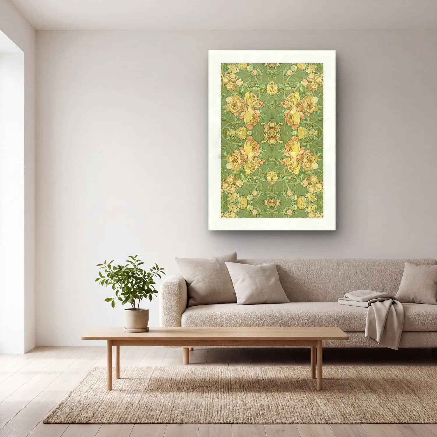 Pastel Çiçek Deseni No. 4 cam tablo — açık renk salonda