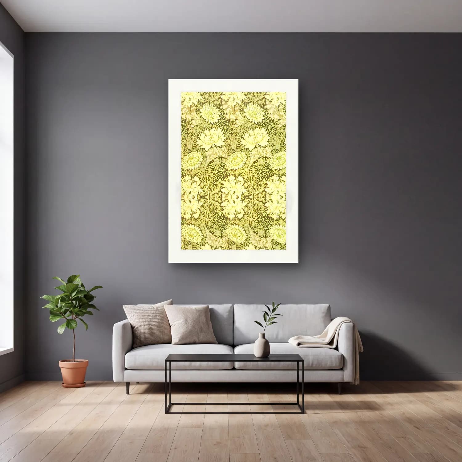 Botanik İllüstrasyon Çiçek Deseni No. 6 cam tablo — gri duvarlı salonda