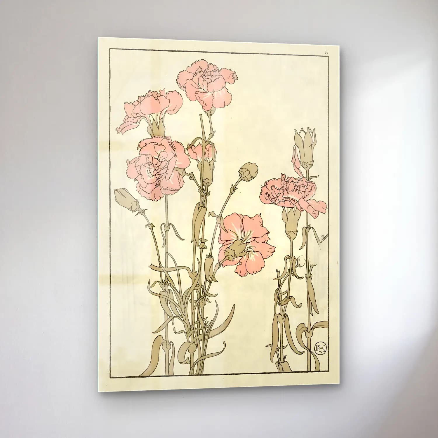Botanik İllüstrasyon Pembe Şakayıklar No. 2 cam tablo — sol açıdan görünüm