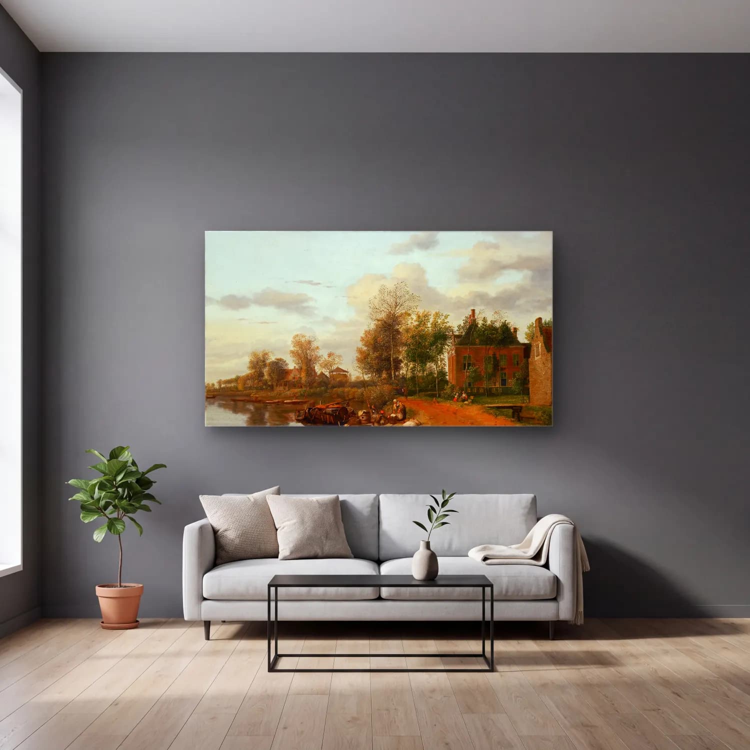 Jan van der Heyden – Country House on the Vliet near Delft cam tablo — gri duvarlı salonda
