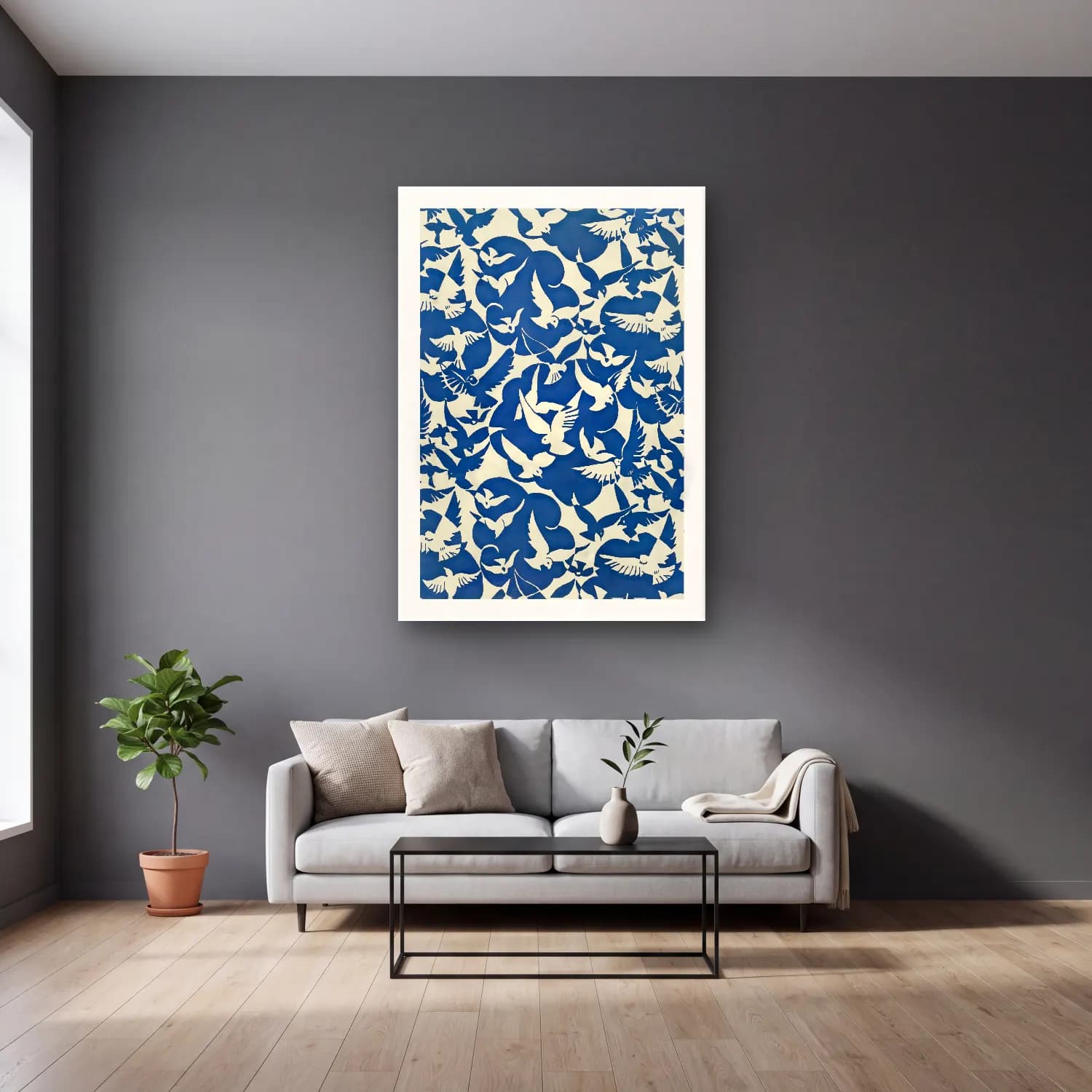 Vintage Poster Çiçek Deseni No. 2 cam tablo — gri duvarlı salonda