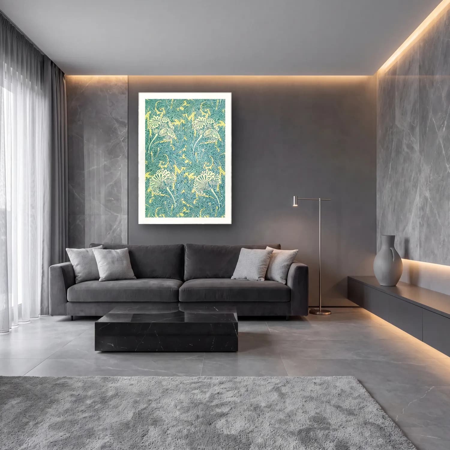 Pastel Çiçek Deseni No. 14 cam tablo — lüks salon duvarında