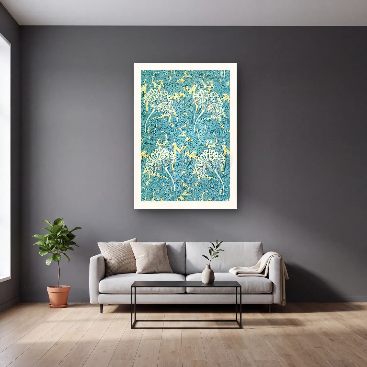 Pastel Çiçek Deseni No. 14 cam tablo — gri duvarlı salonda
