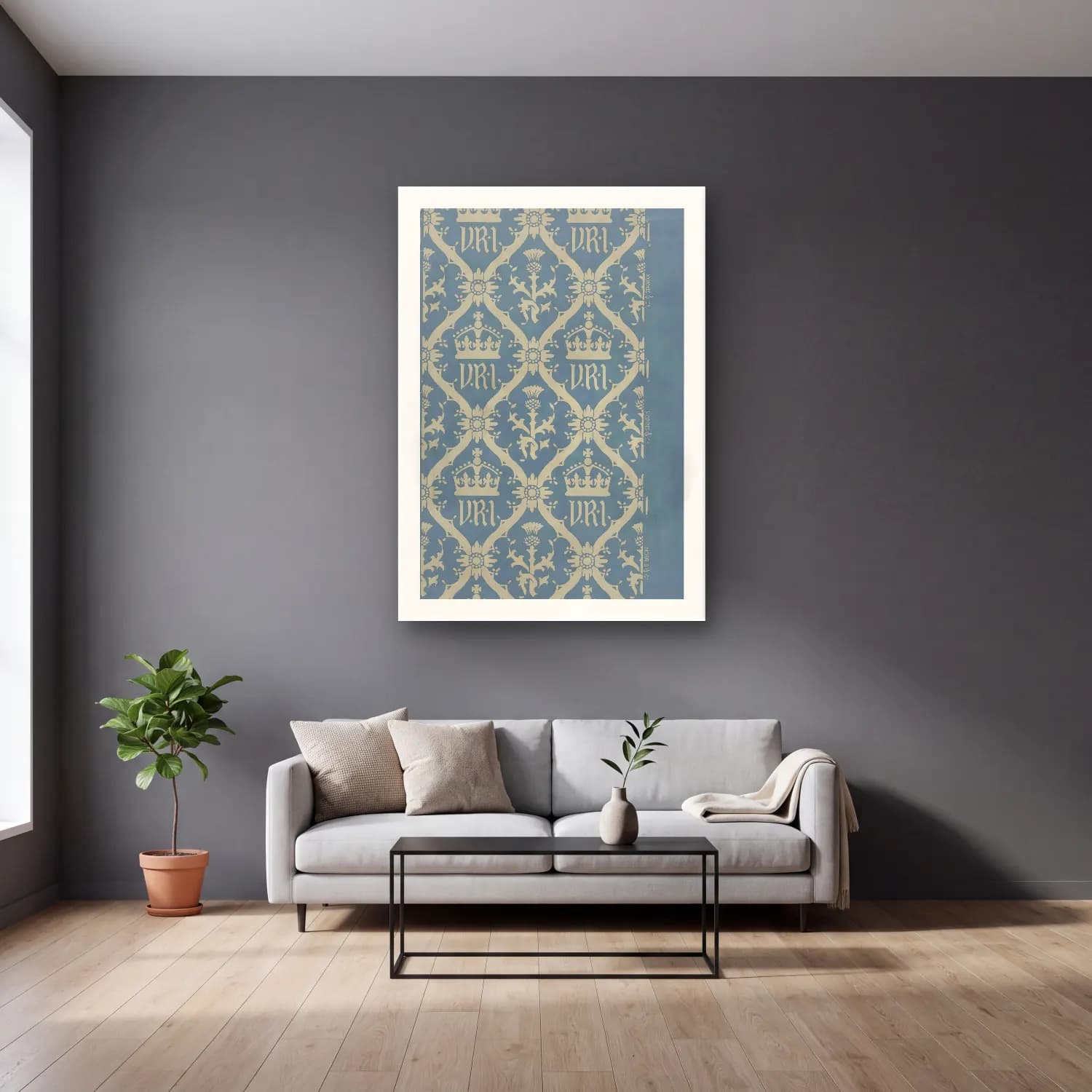 Pastel Çiçek Deseni No. 15 cam tablo — gri duvarlı salonda
