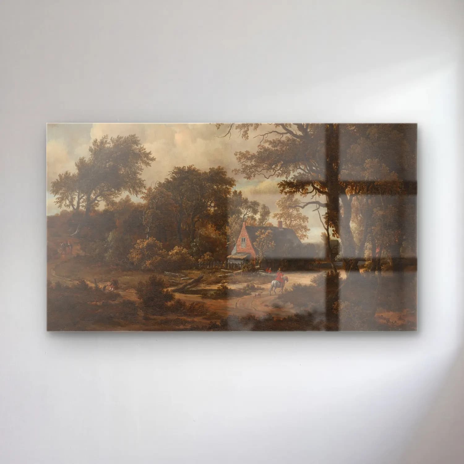 Meindert Hobbema – Wooded Landscape with Cottage and Horseman cam tablo — Meindert Hobbema – Wooded Landscape with Cottage and Horseman — yağlı boya kır evi