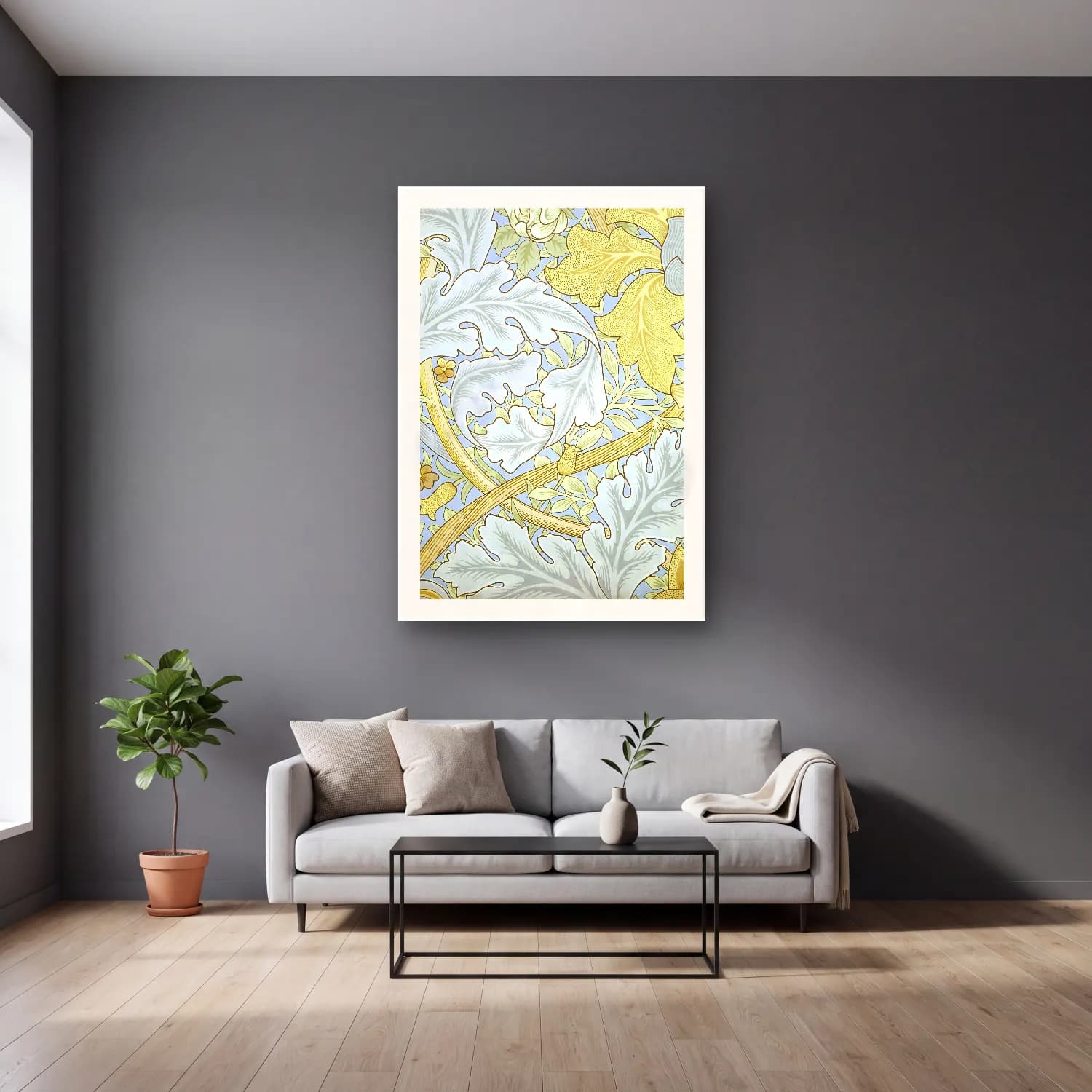 Pastel Çiçek Deseni No. 16 cam tablo — gri duvarlı salonda