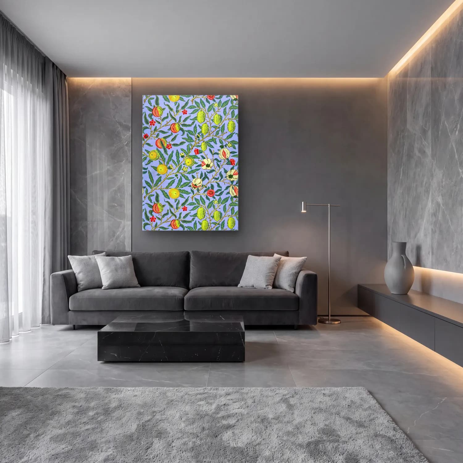 Maksimalist Çiçek Deseni No. 4 cam tablo — lüks salon duvarında