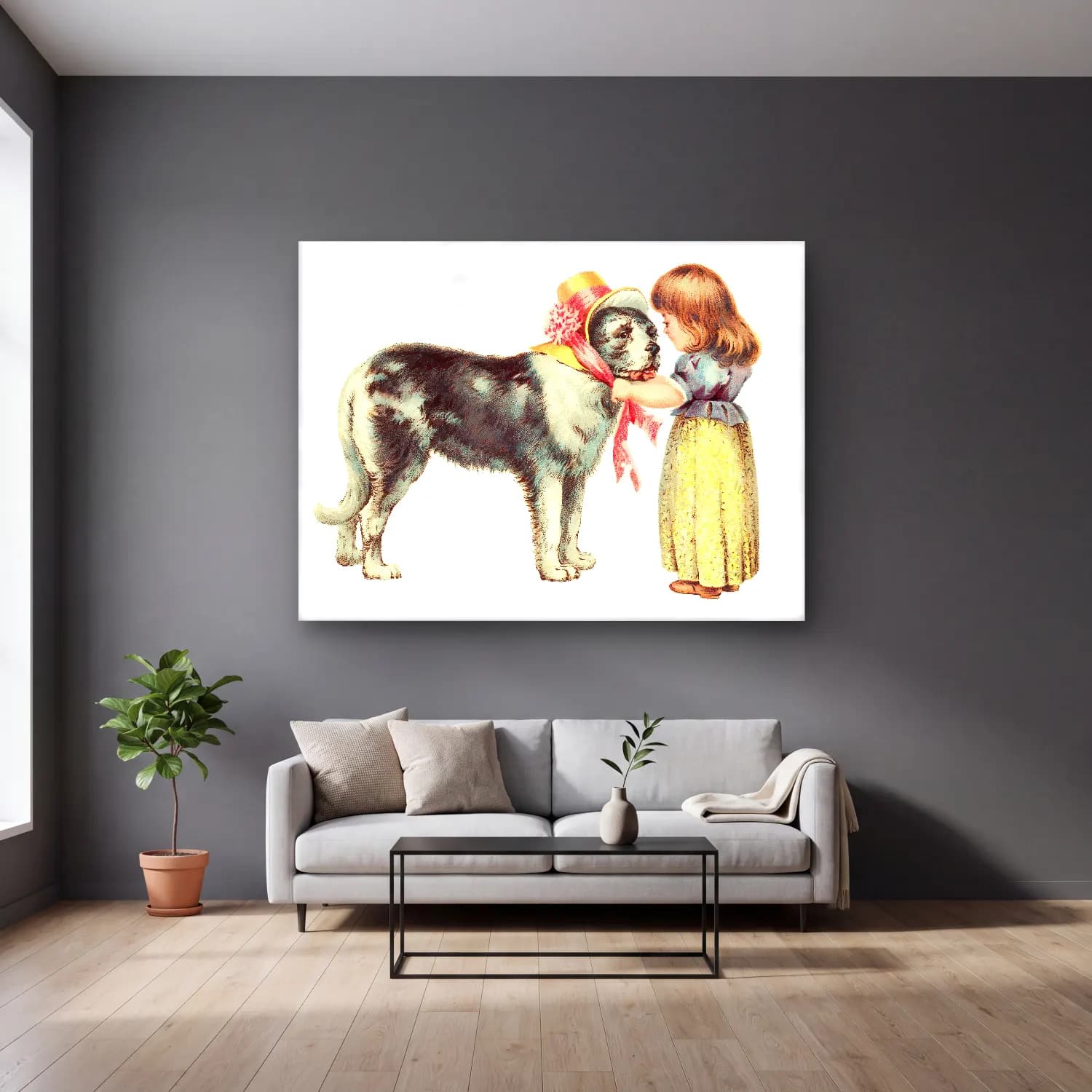 Vintage Köpek – Pastel Tonlar cam tablo — gri duvarlı salonda