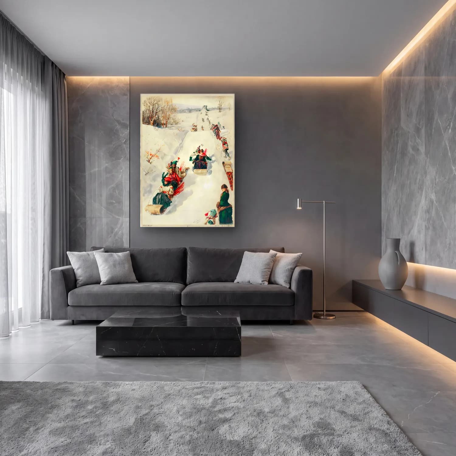 Suluboya Kayak cam tablo — lüks salon duvarında