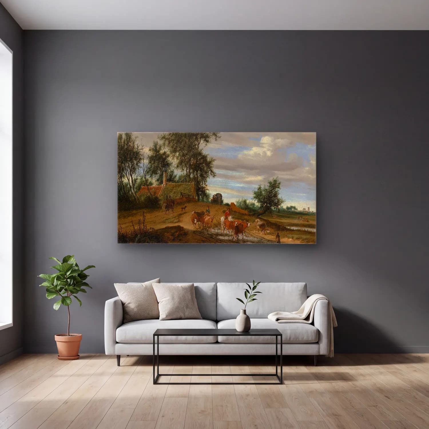 Salomon van Ruysdael – A Country Road cam tablo — gri duvarlı salonda