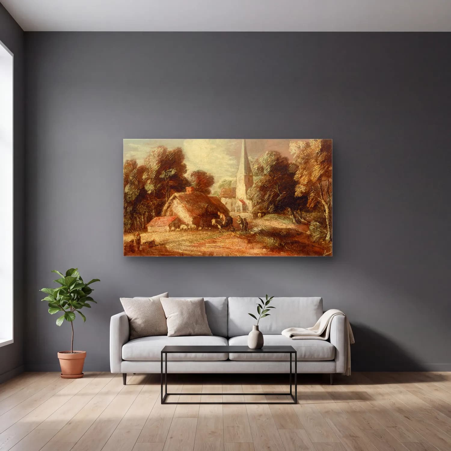 Thomas Gainsborough – Landscape with cottage and church cam tablo — gri duvarlı salonda