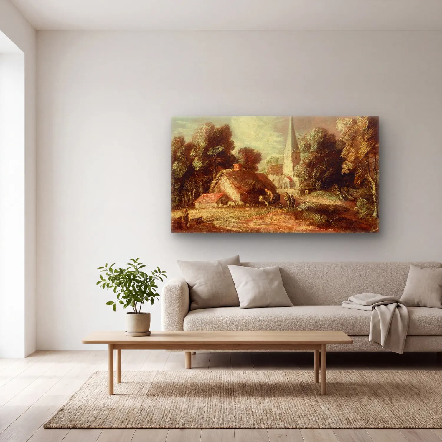 Thomas Gainsborough – Landscape with cottage and church cam tablo — açık renk salonda