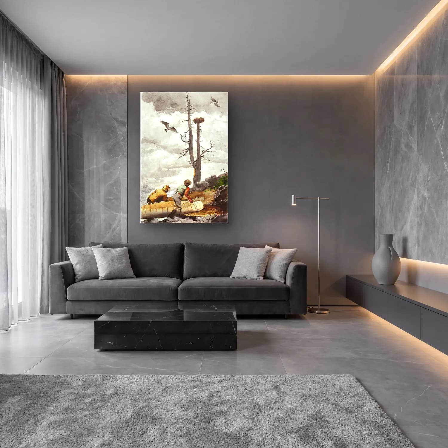 Suluboya Kartal – Siyah Beyaz Tonlar cam tablo — lüks salon duvarında
