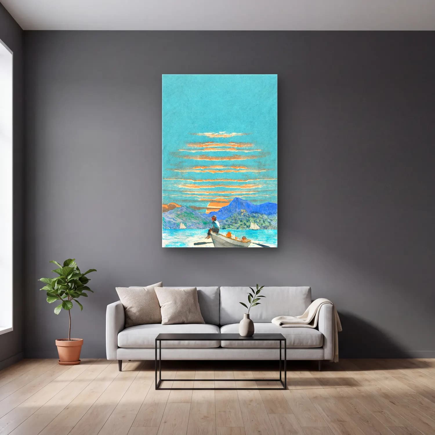 Pastel Gün Batımı Gökyüzü No. 2 cam tablo — gri duvarlı salonda
