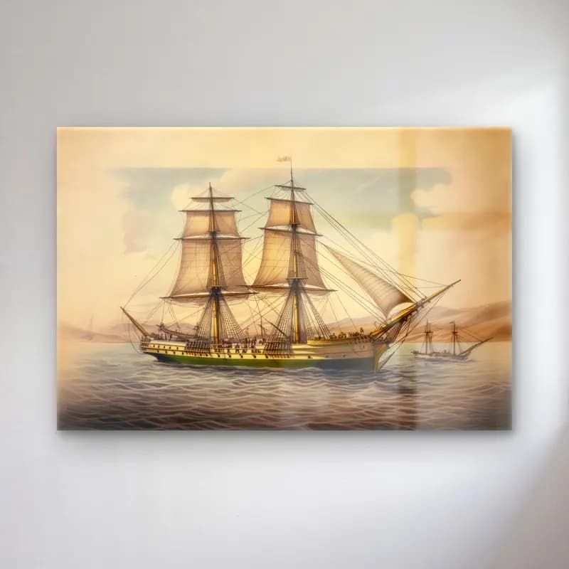 Vintage Fırtınalı Denizde Gemi – Yeşil Tonlar cam tablo — Vintage Fırtınalı Denizde Gemi – Yeşil Tonlar — vintage fırtınalı denizde gemi