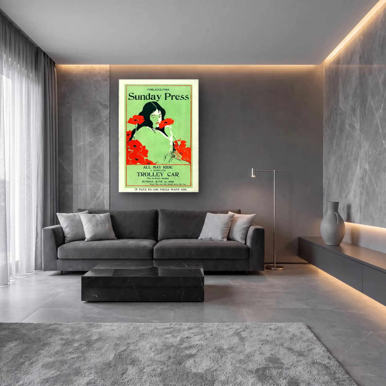 Vintage Poster Gelincikler cam tablo — lüks salon duvarında