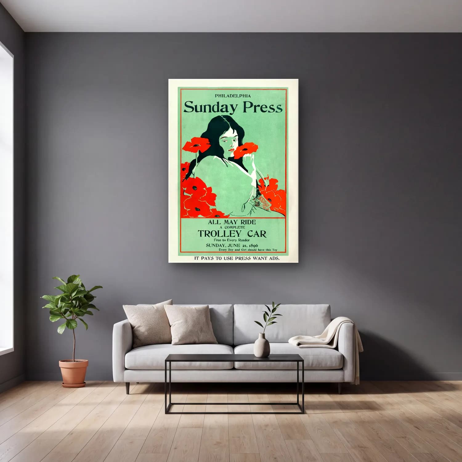Vintage Poster Gelincikler cam tablo — gri duvarlı salonda