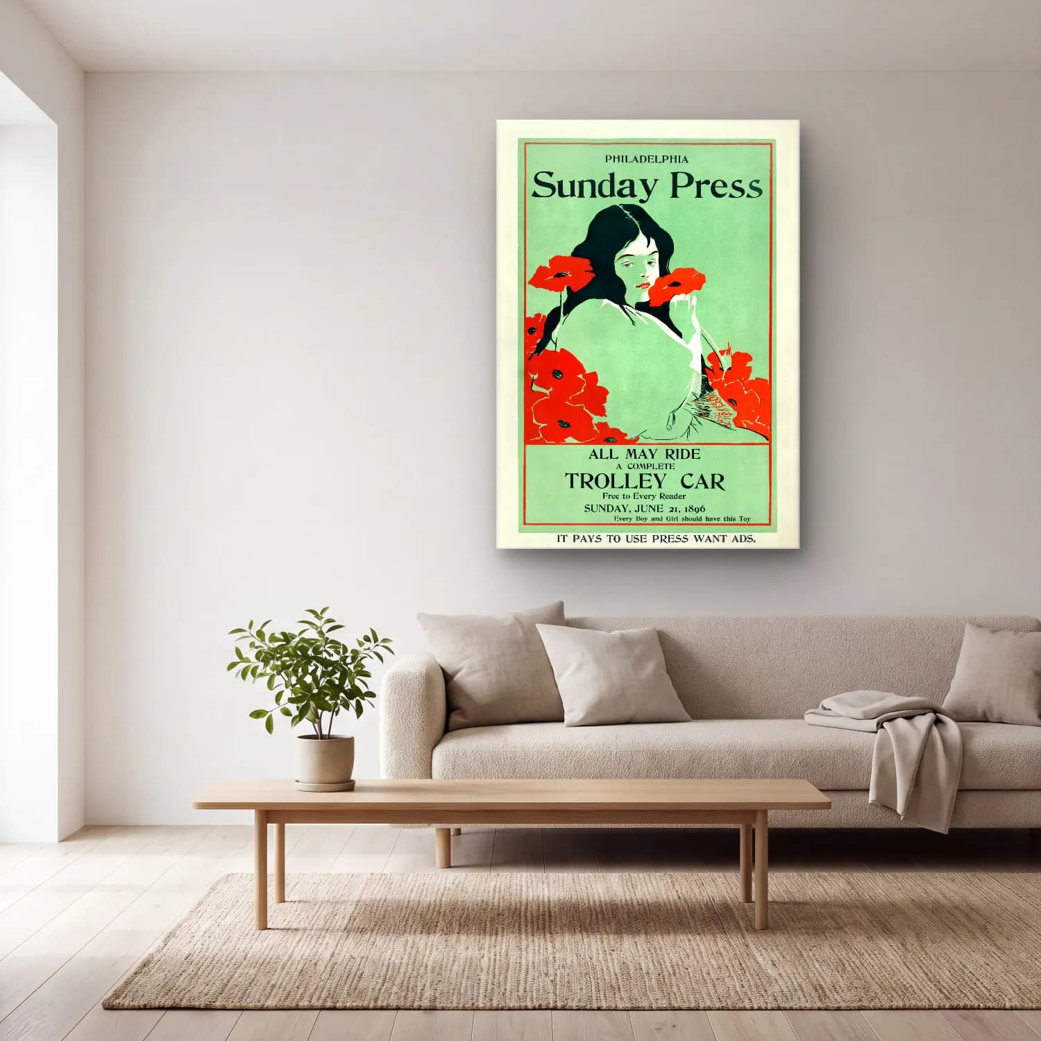 Vintage Poster Gelincikler cam tablo — açık renk salonda