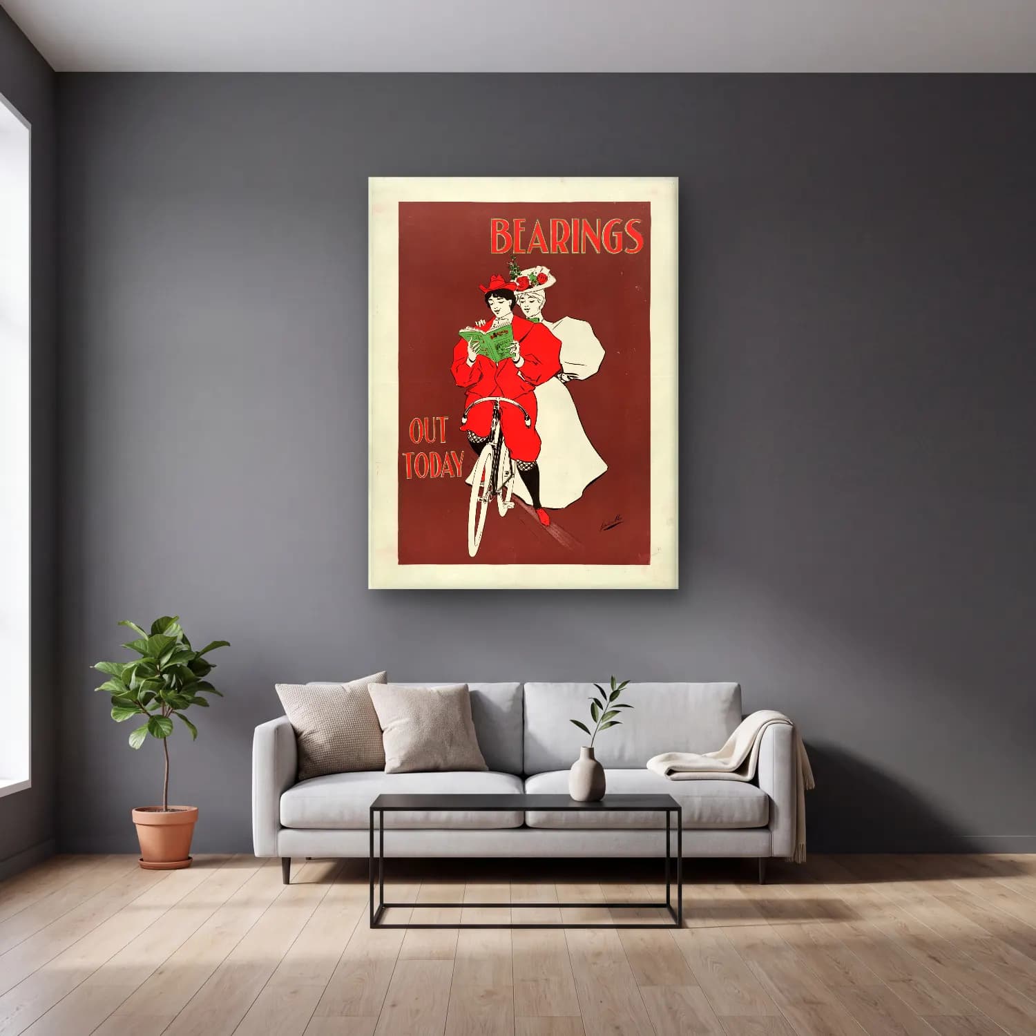 Vintage Poster Bisiklet No. 2 cam tablo — gri duvarlı salonda