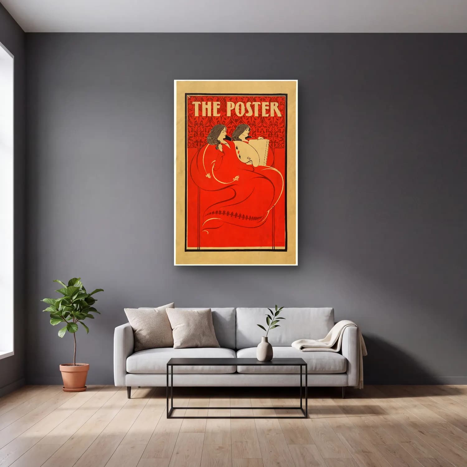 Vintage Poster Kitap Okuyan Kadın No. 2 cam tablo — gri duvarlı salonda