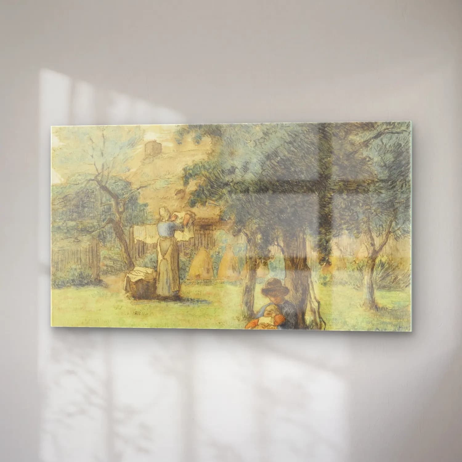 Vintage Kır Evi – Bej Tonlar cam tablo — sağ açıdan görünüm