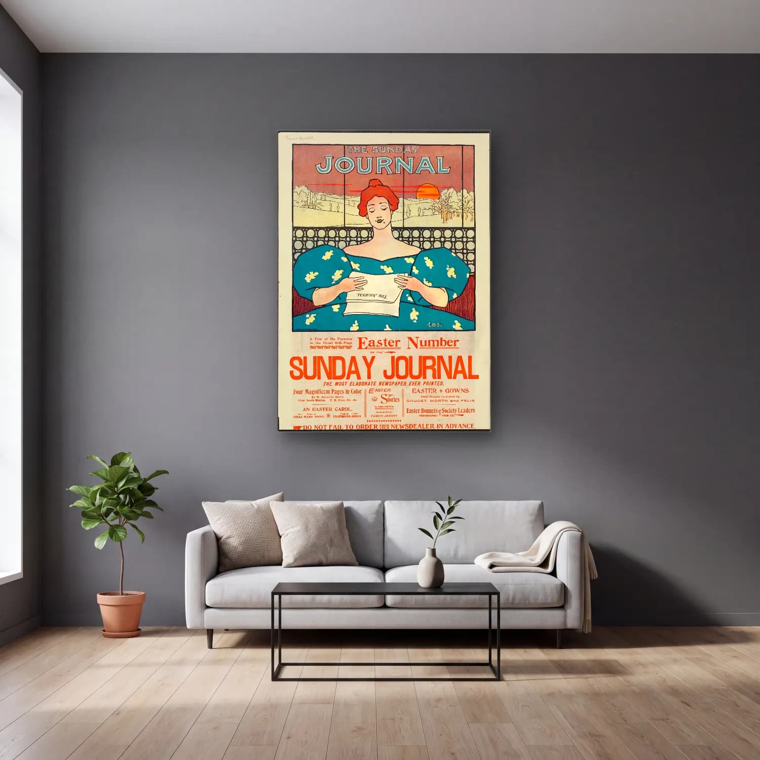 Vintage Poster Kitap Okuyan Kadın No. 3 cam tablo — gri duvarlı salonda