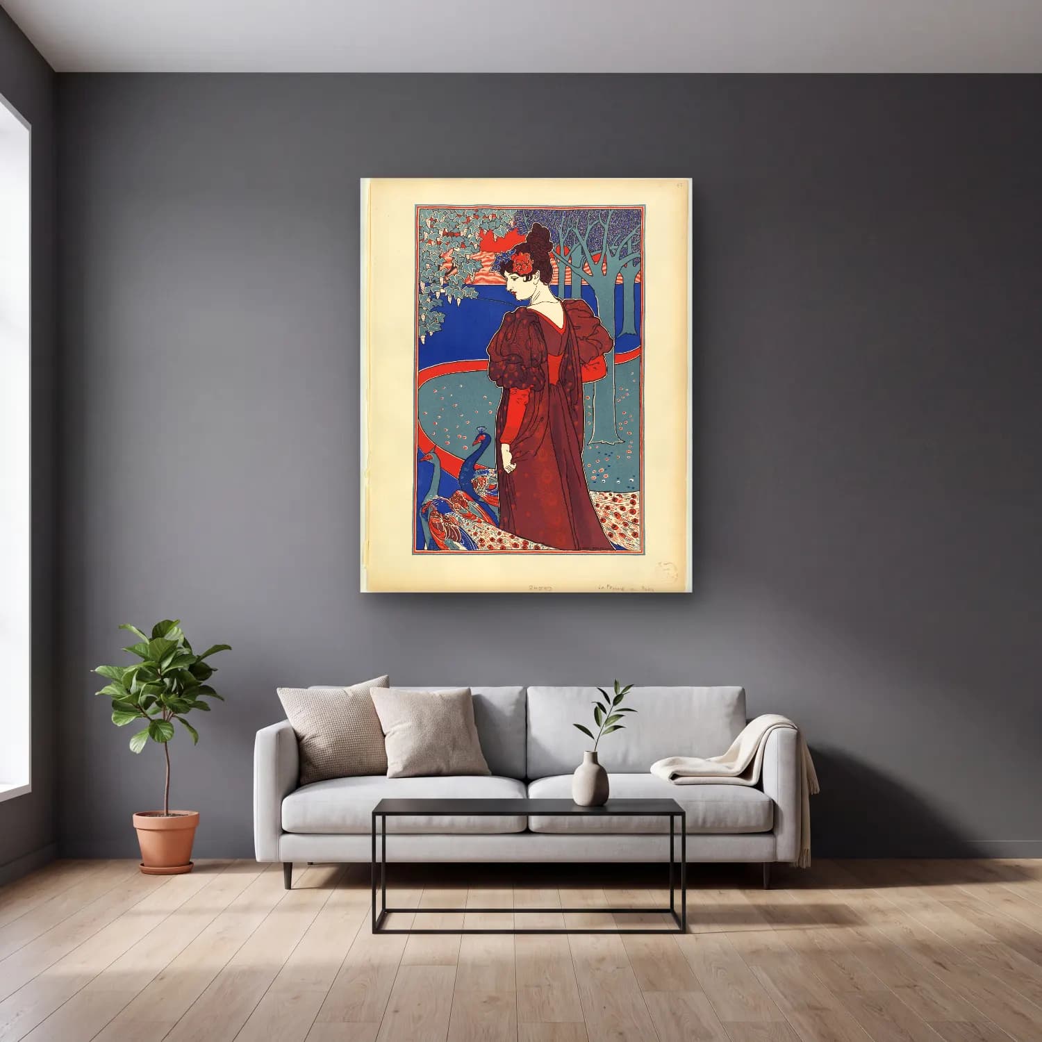 Vintage Poster Elbiseli Kadın No. 2 cam tablo — gri duvarlı salonda