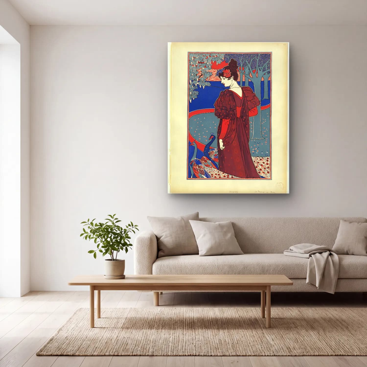 Vintage Poster Elbiseli Kadın No. 2 cam tablo — açık renk salonda
