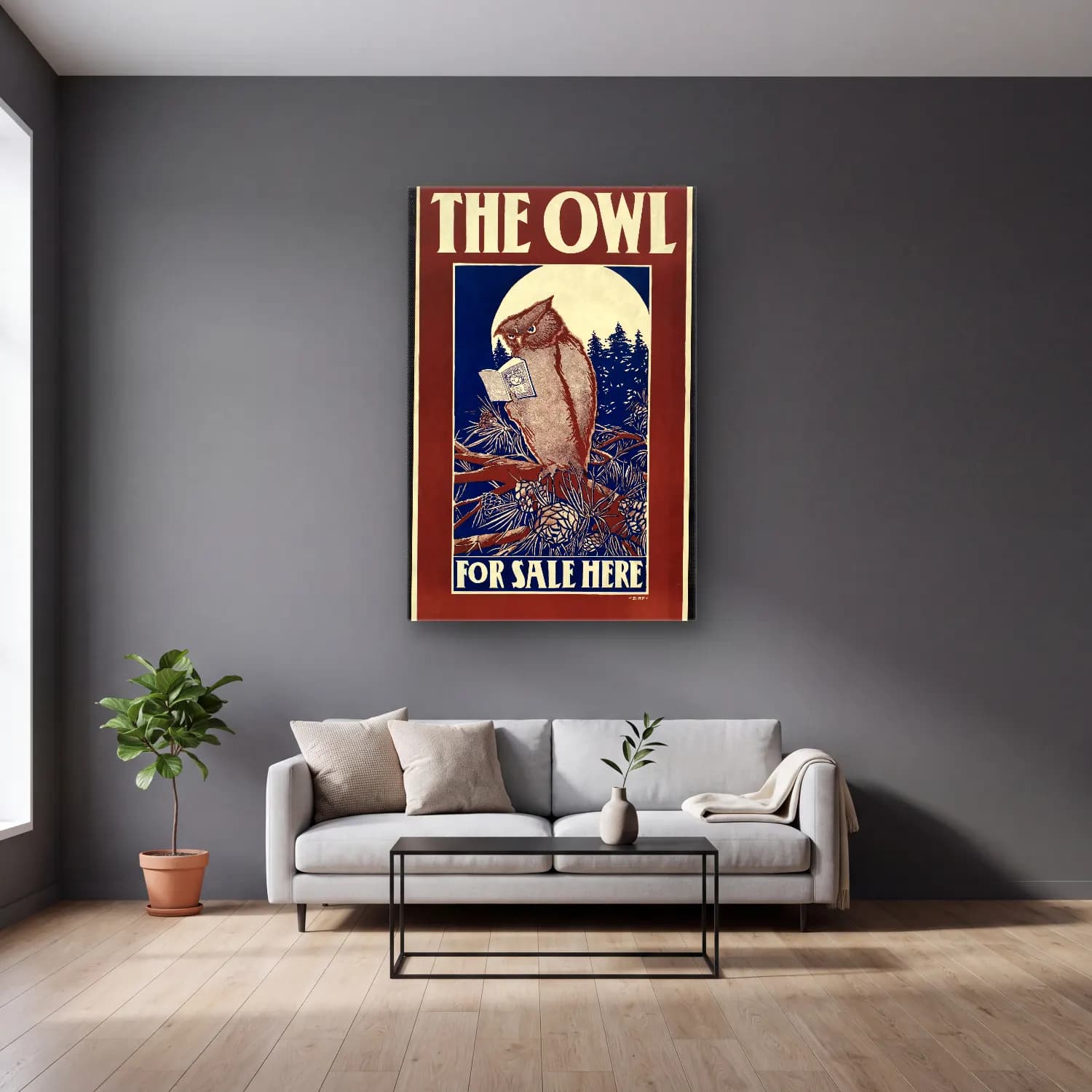 Vintage Poster Baykuş – Mavi Tonlar cam tablo — gri duvarlı salonda