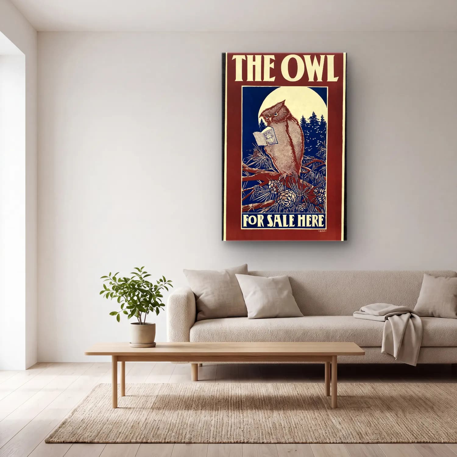 Vintage Poster Baykuş – Mavi Tonlar cam tablo — açık renk salonda