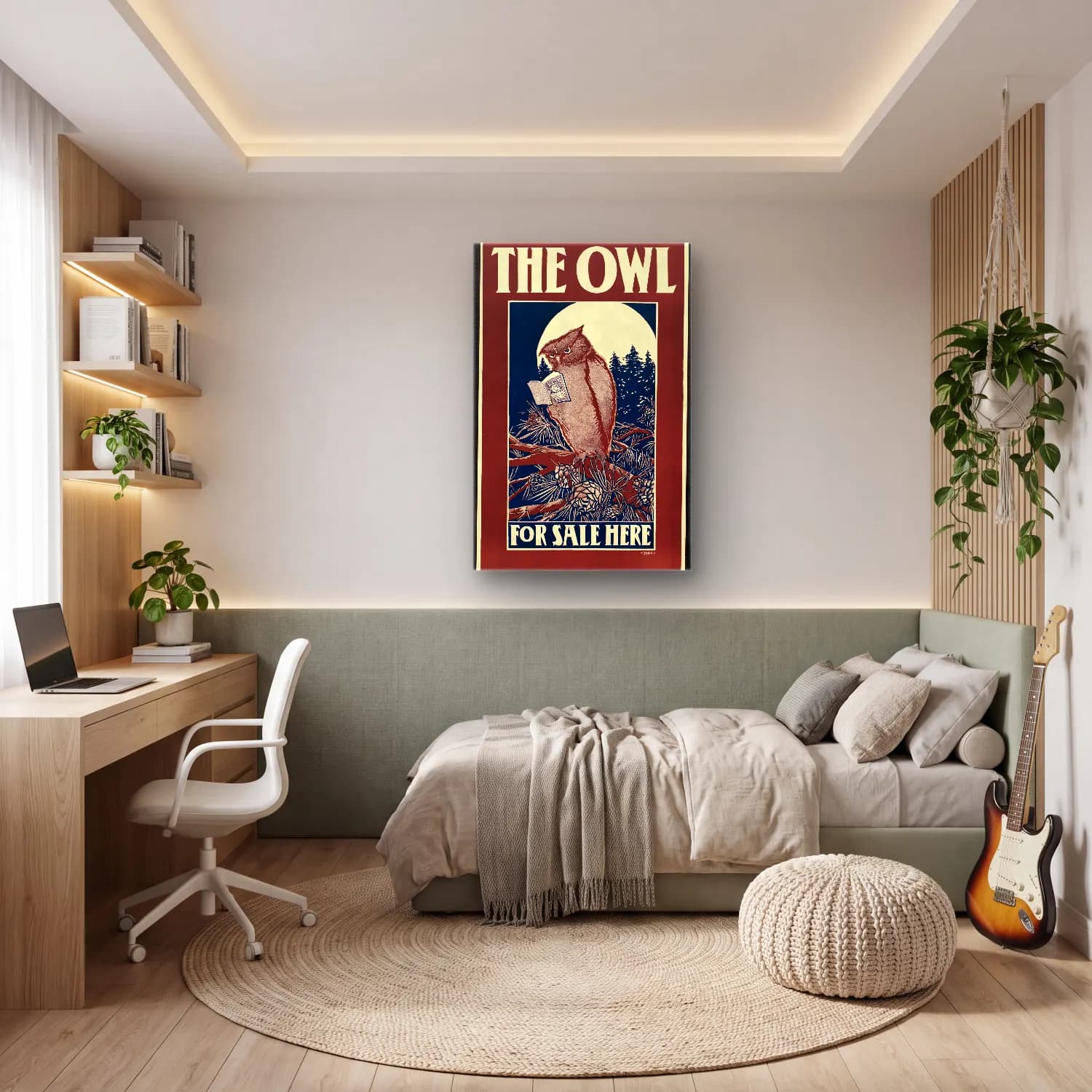 Vintage Poster Baykuş – Mavi Tonlar cam tablo — genç odasında
