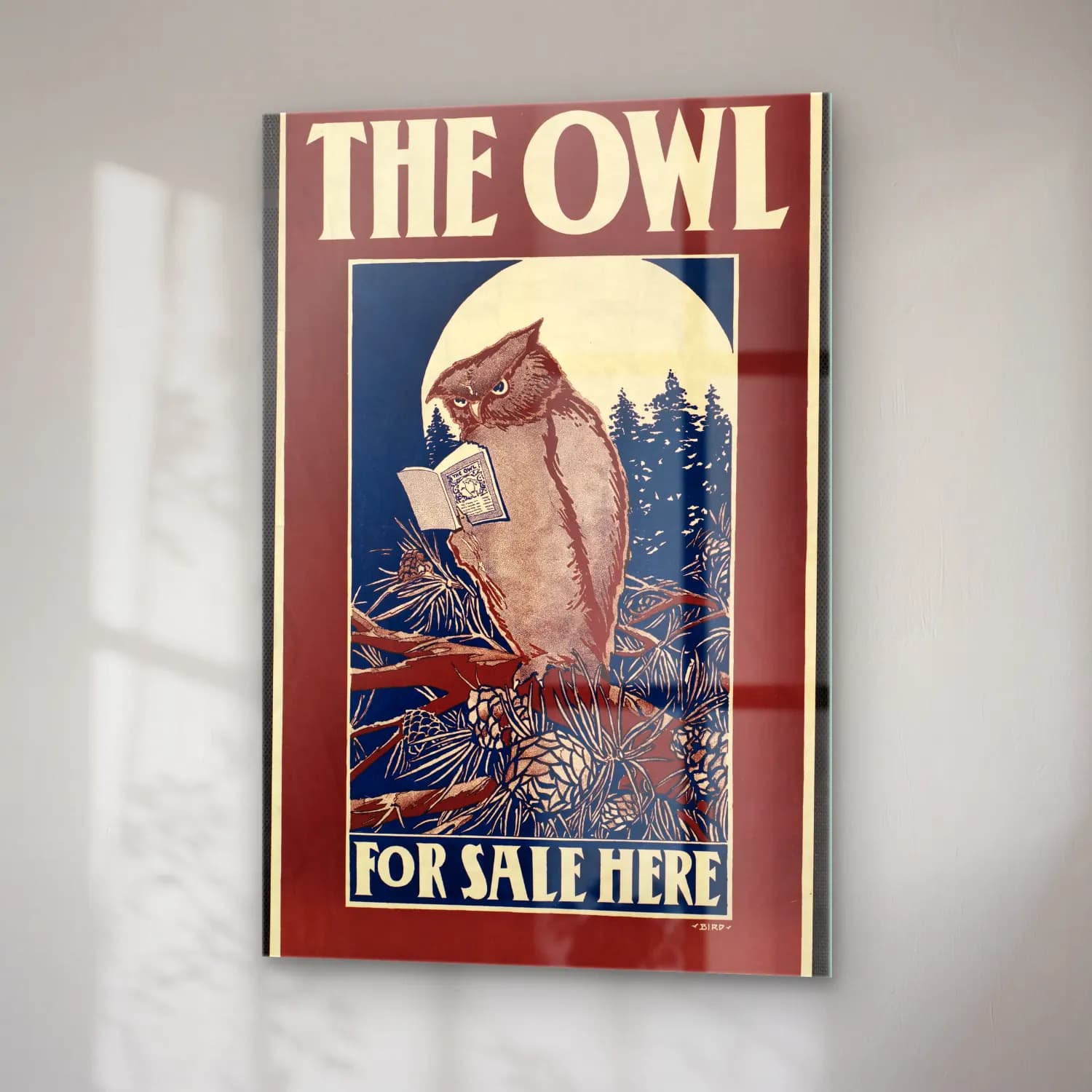 Vintage Poster Baykuş – Mavi Tonlar cam tablo — sağ açıdan görünüm