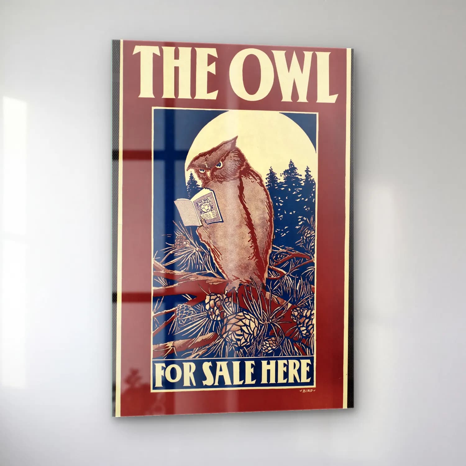 Vintage Poster Baykuş – Mavi Tonlar cam tablo — sol açıdan görünüm