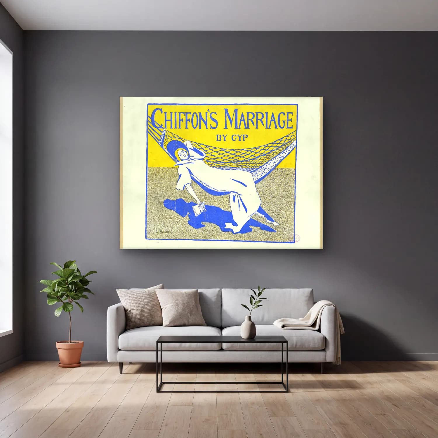 Vintage Poster Aşıklar – Mavi Tonlar cam tablo — gri duvarlı salonda