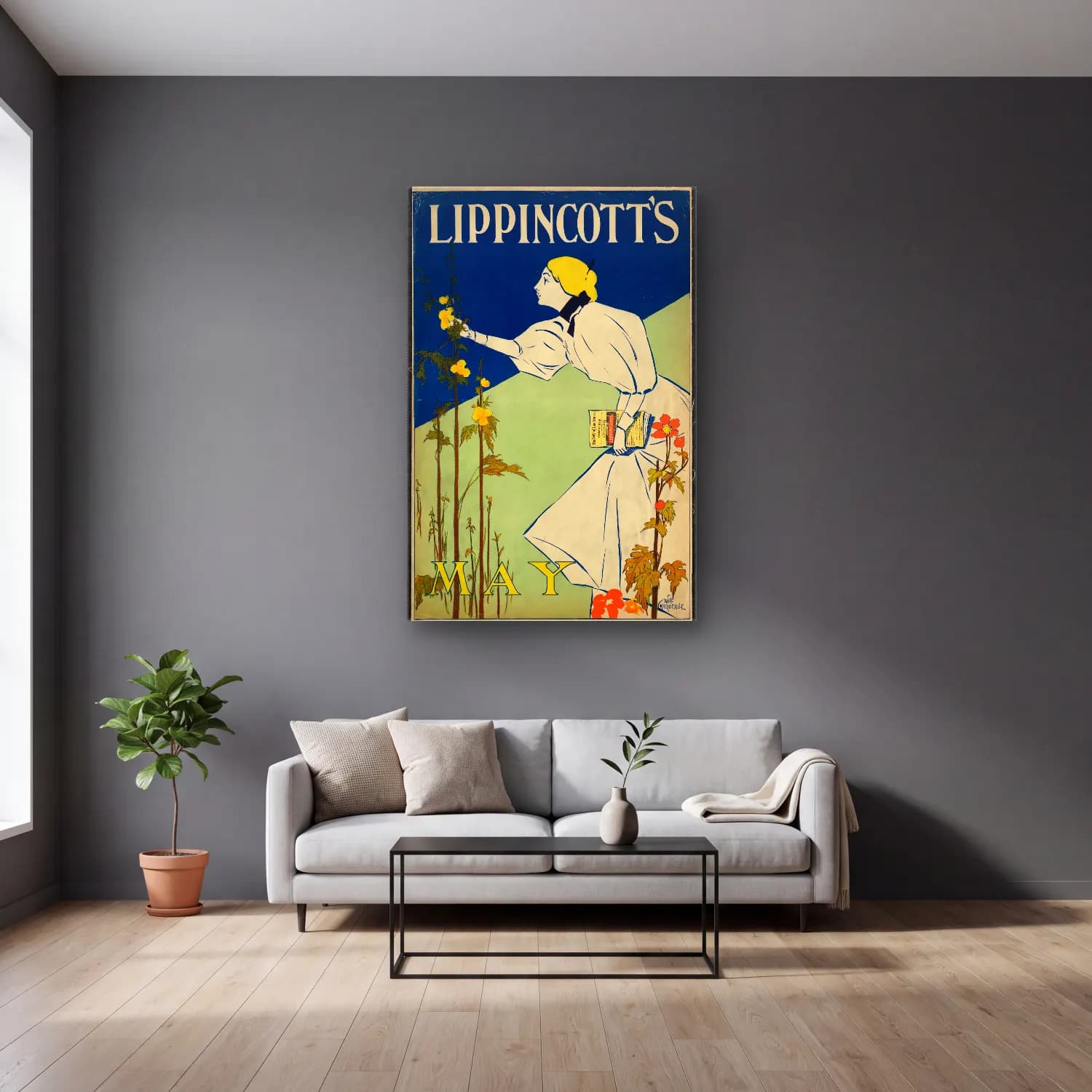Vintage Poster Kitap Okuyan Kadın No. 4 cam tablo — gri duvarlı salonda