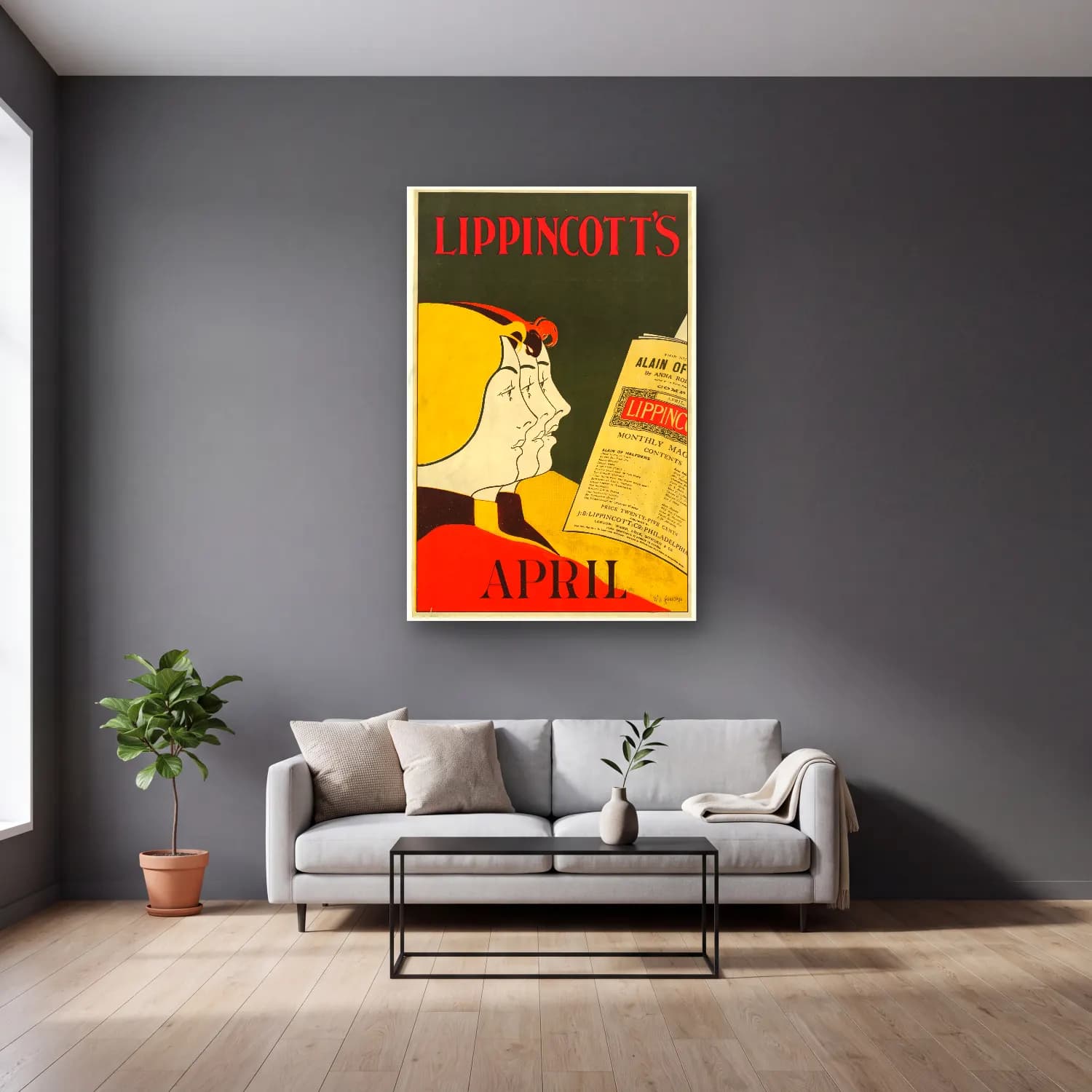 Vintage Poster Kitap Okuyan Kadın No. 5 cam tablo — gri duvarlı salonda