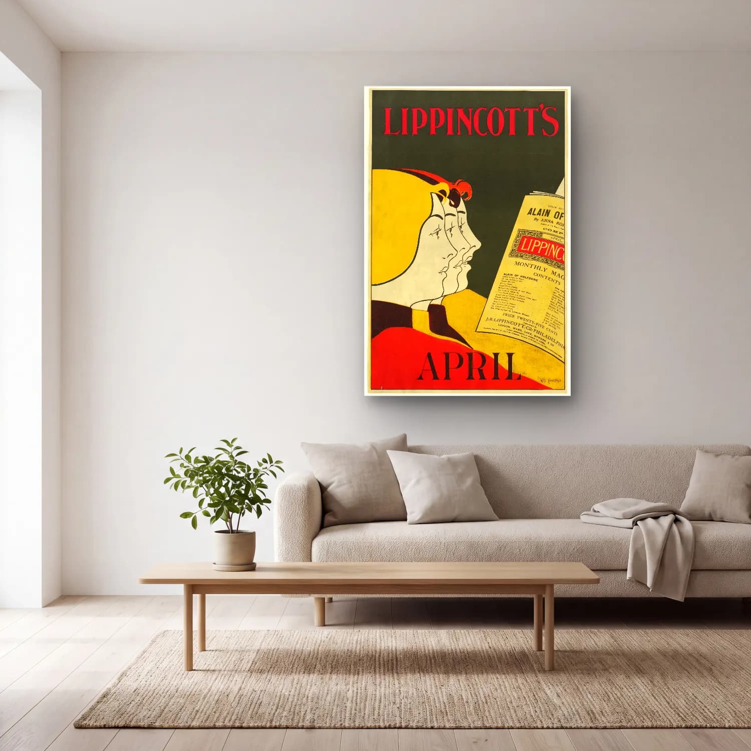 Vintage Poster Kitap Okuyan Kadın No. 5 cam tablo — açık renk salonda
