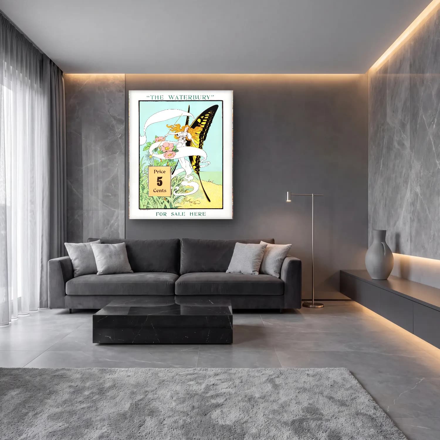 Vintage Poster Kelebek cam tablo — lüks salon duvarında
