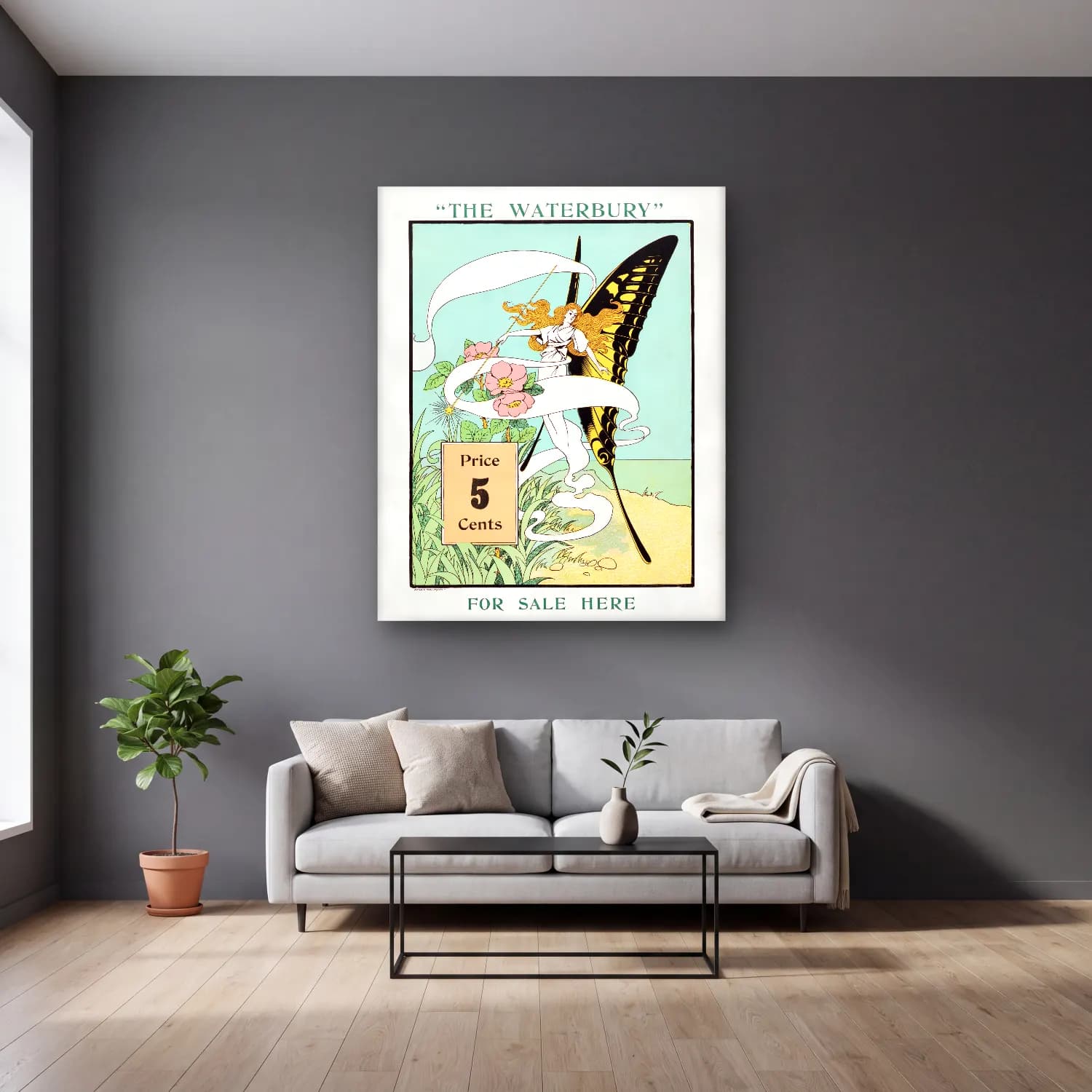 Vintage Poster Kelebek cam tablo — gri duvarlı salonda