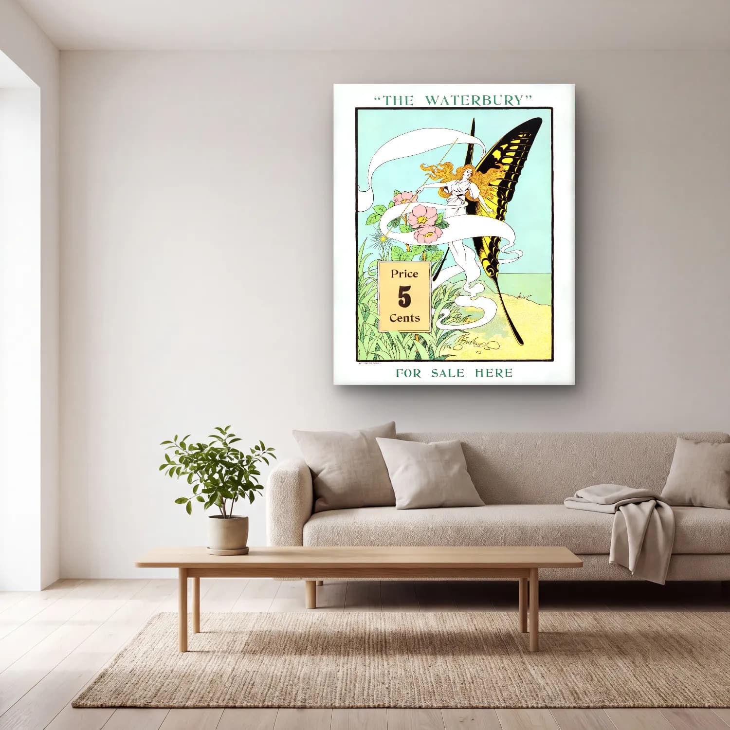 Vintage Poster Kelebek cam tablo — açık renk salonda