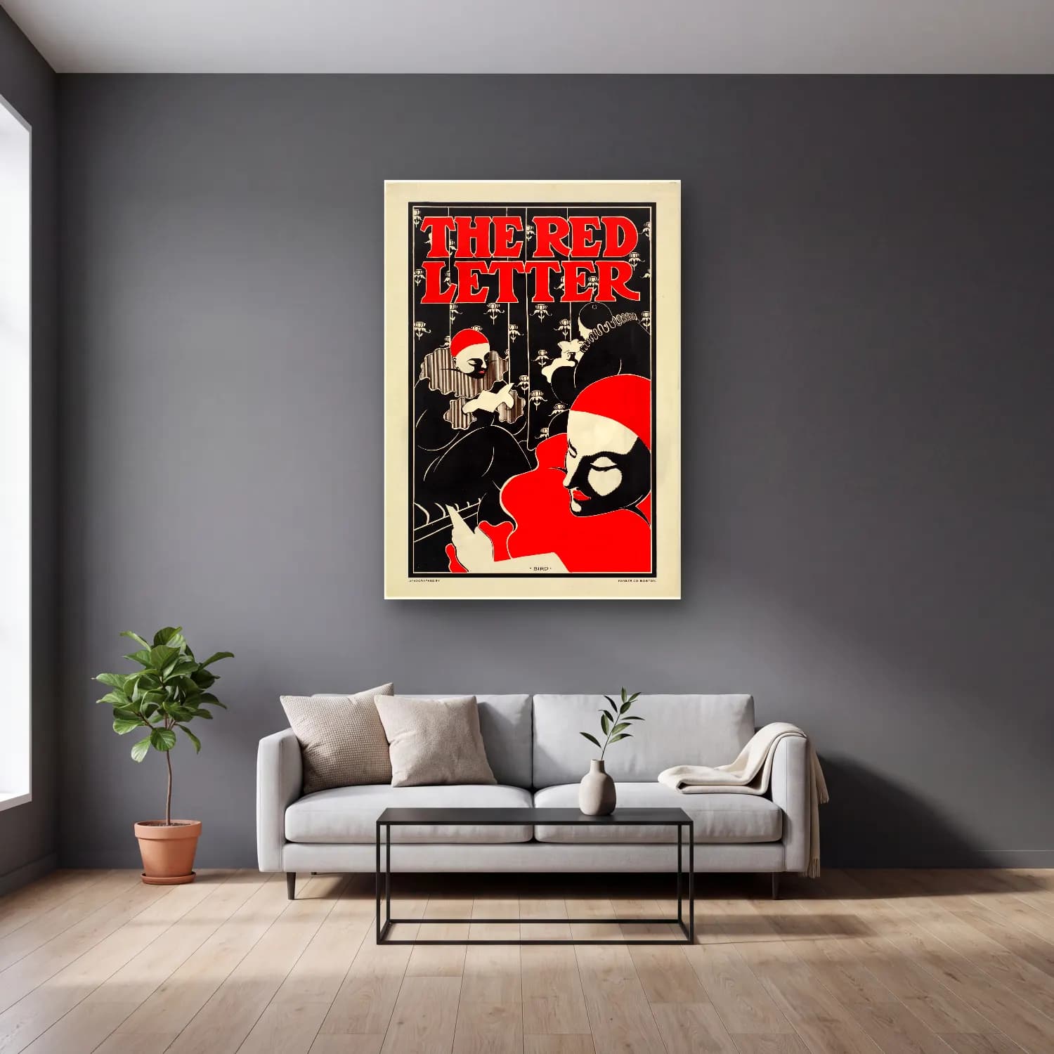 Vintage Poster Harf Posteri cam tablo — gri duvarlı salonda