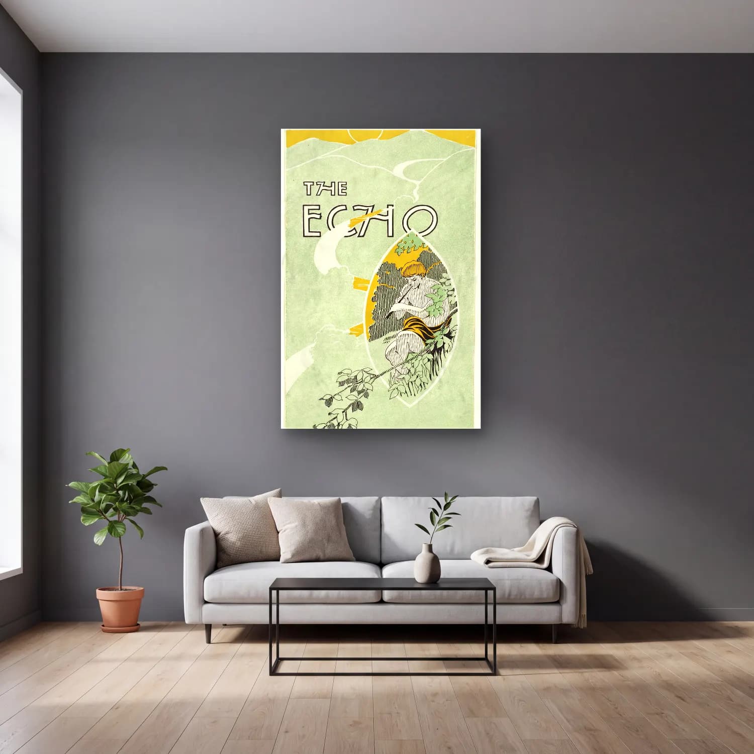 Vintage Poster Mitolojik Sahne – Yeşil Tonlar cam tablo — gri duvarlı salonda