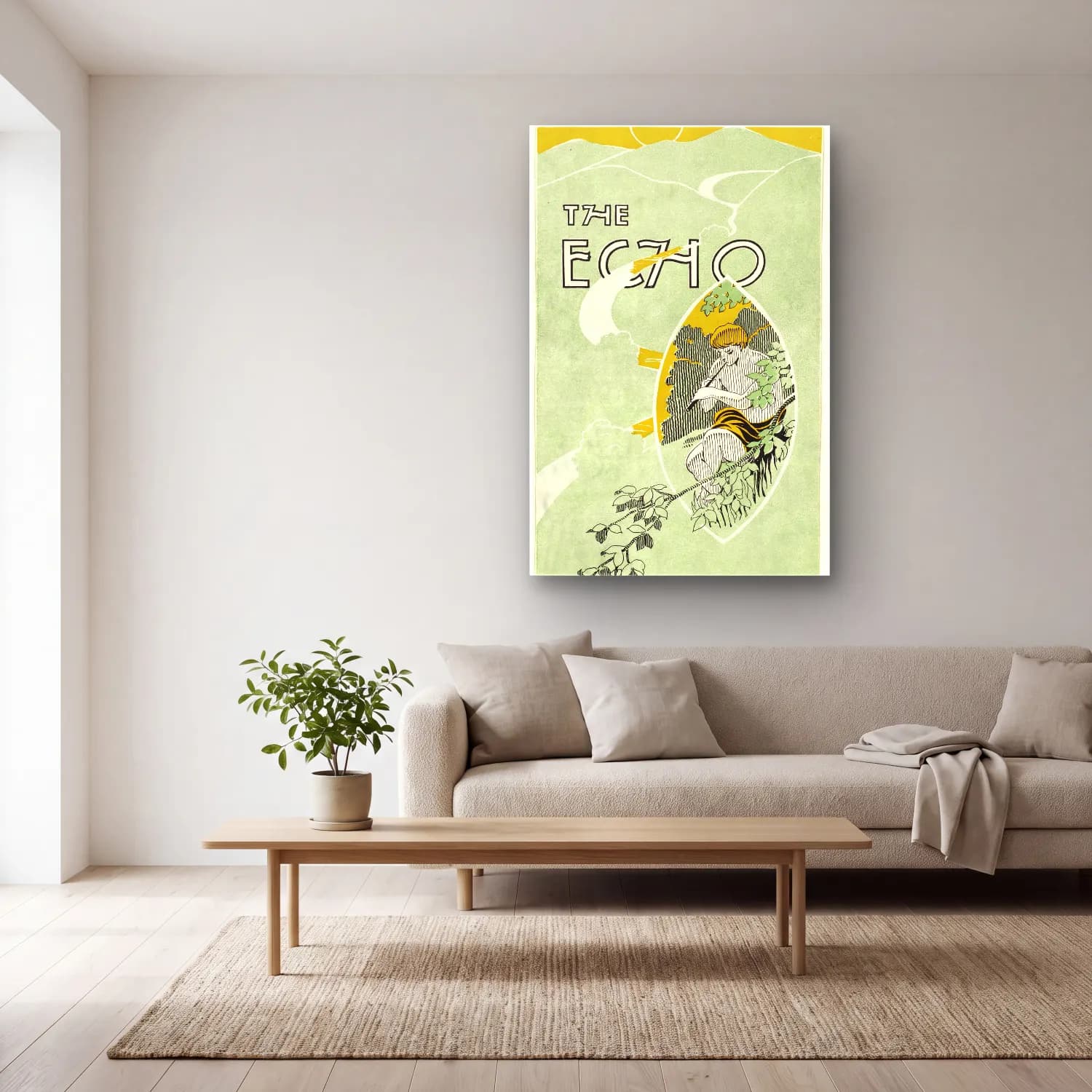 Vintage Poster Mitolojik Sahne – Yeşil Tonlar cam tablo — açık renk salonda