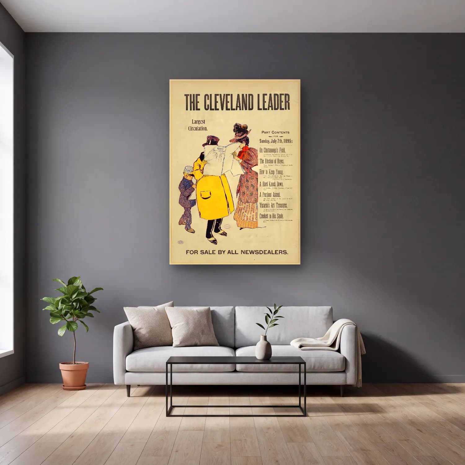 Vintage Poster Şapkalı Kadın No. 2 cam tablo — gri duvarlı salonda