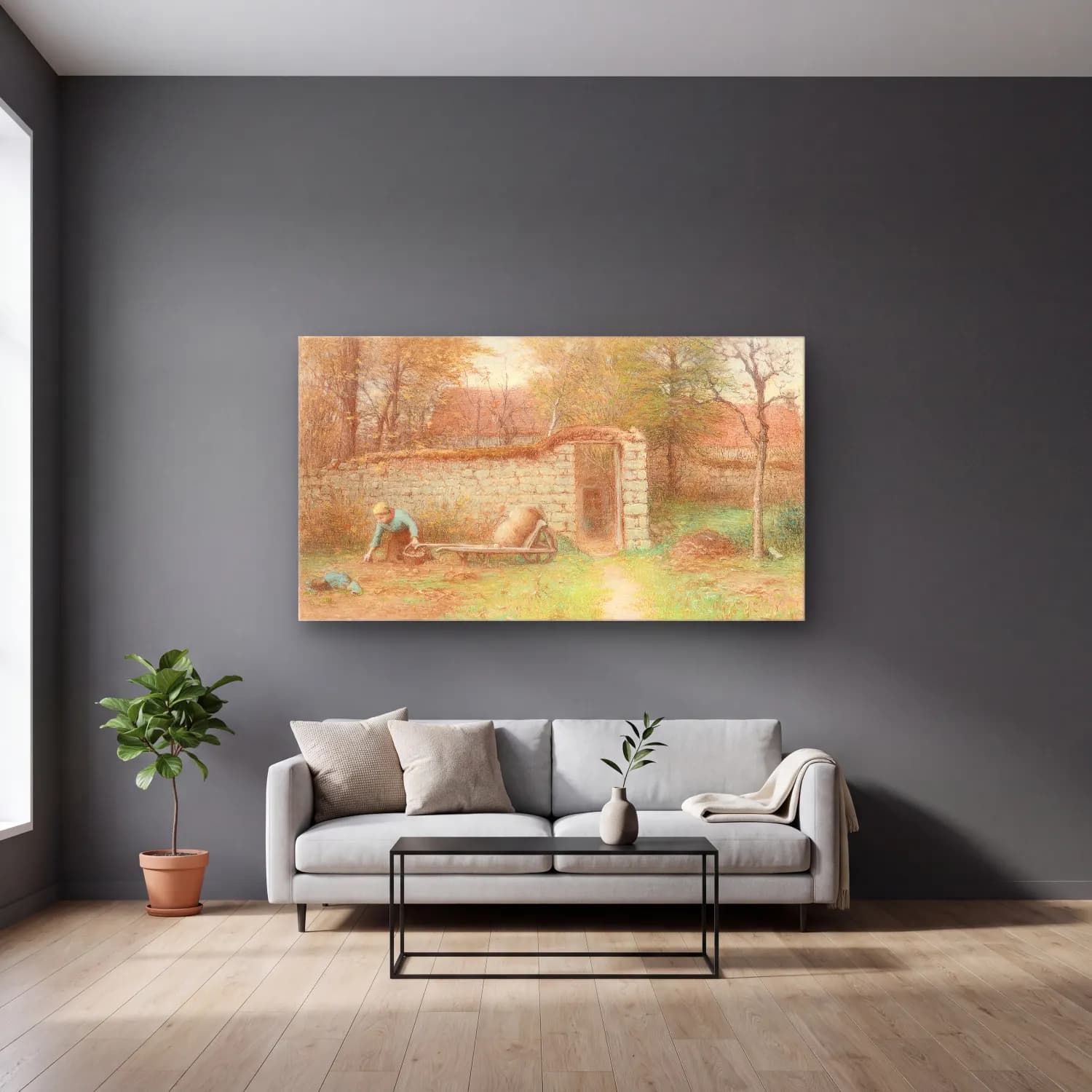 Vintage Kır Evi – Pastel Tonlar cam tablo — gri duvarlı salonda